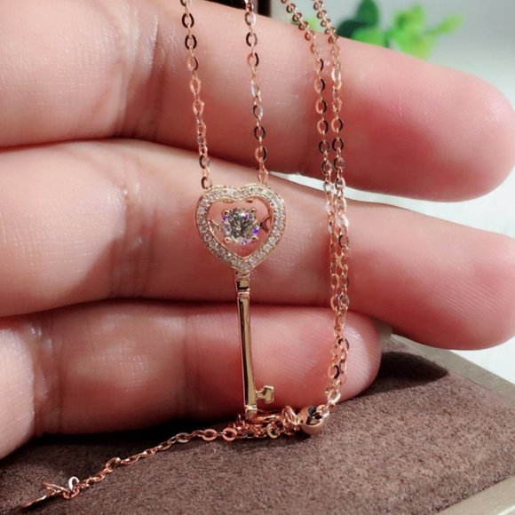 🎁 Key Hollow Heart Zircon Micro Pave Rose Gold Plated Necklace, EVGG1101 - Picture 9 of 9